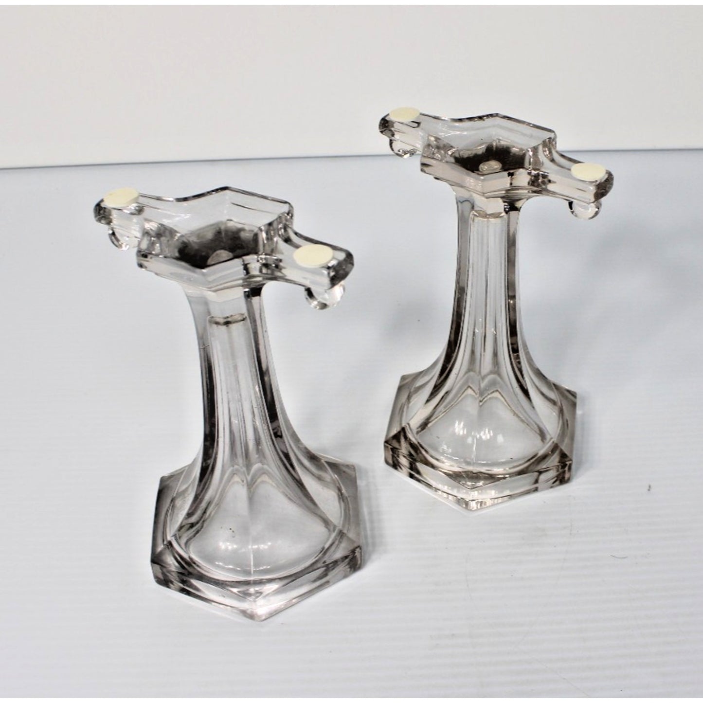 Antique Clear Glass Shelf Risers, Pedestals, Store Display Columns Pair 7-1/4"H