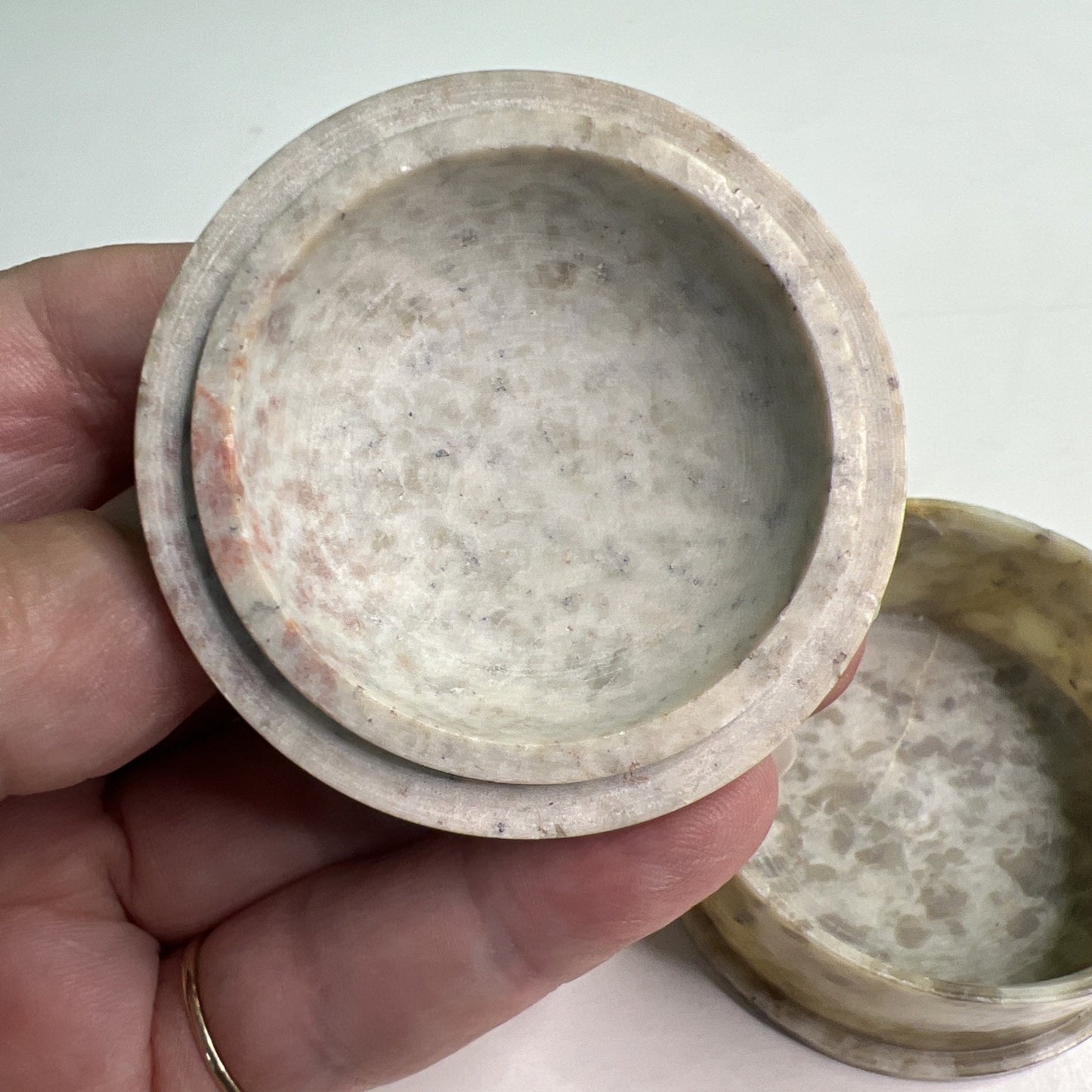Carved Soapstone Small Inlaid Round Box Trinket Vanity Natural Stone Lid