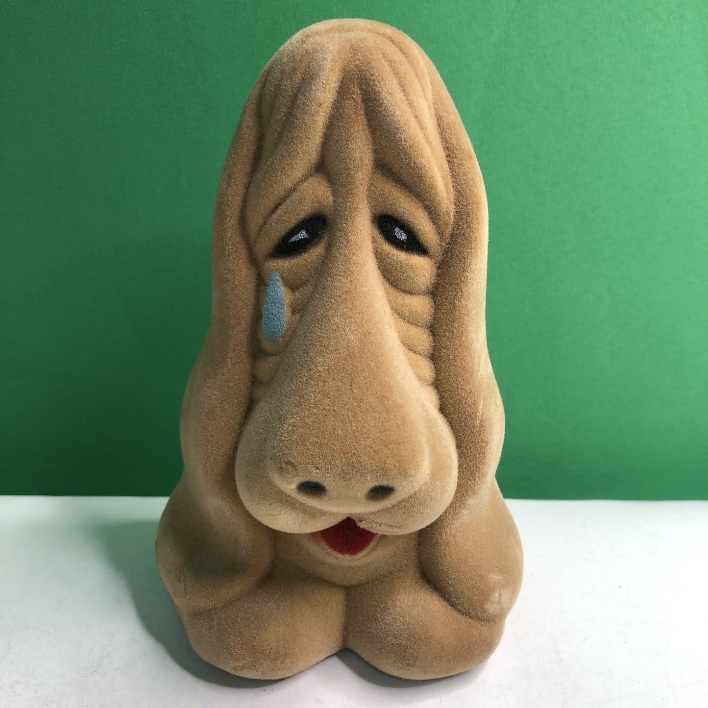 Vintage Tan Flocked Basset Hound Sad Dog With Teardrop Plastic Coin Bank 1970’s