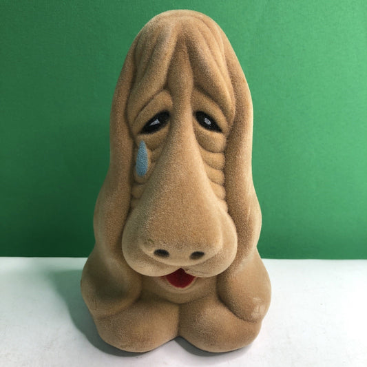 Vintage Tan Flocked Basset Hound Sad Dog With Teardrop Plastic Coin Bank 1970’s