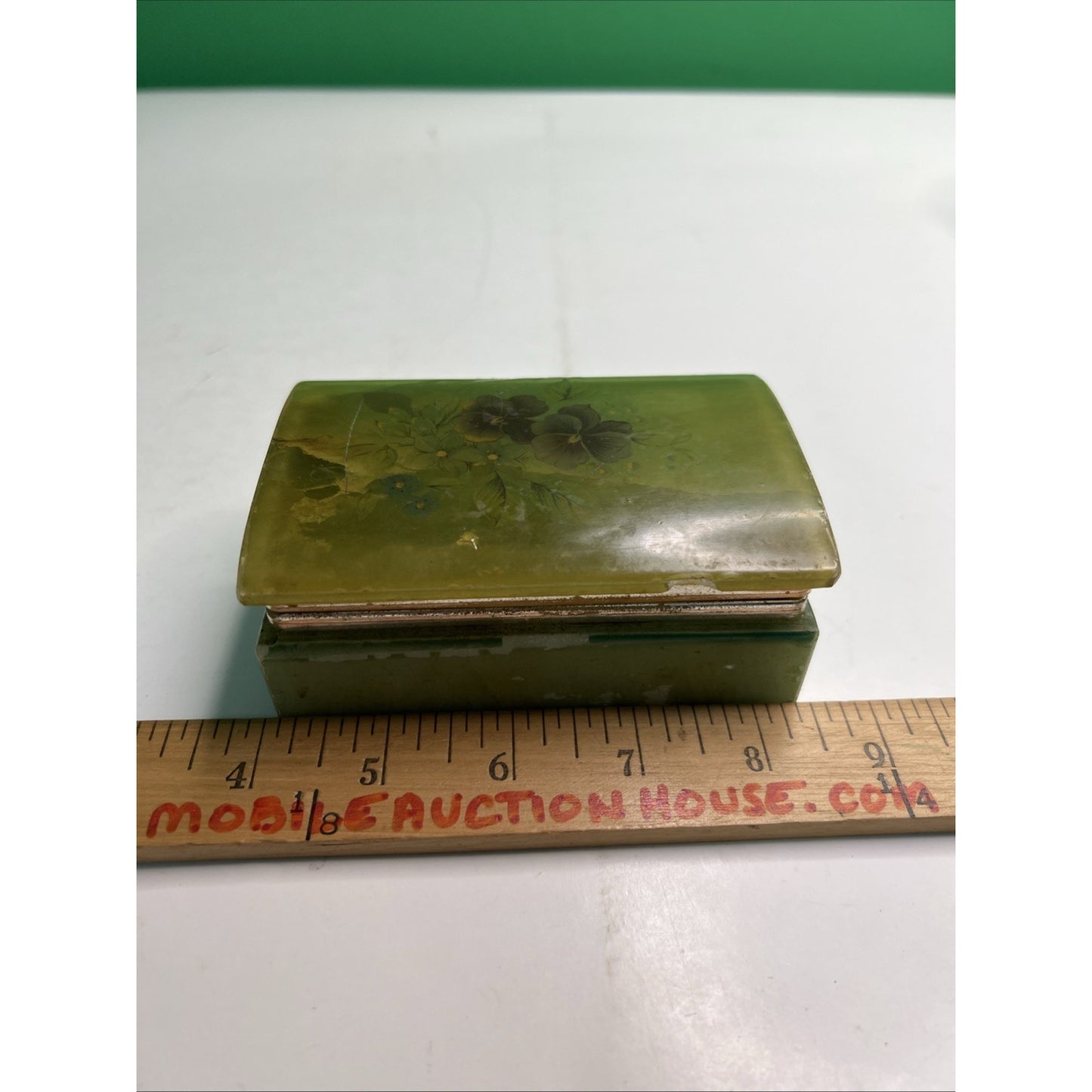 Vintage Italian Alabaster Marble Jewelry Trinket Box Pansies As Pictured