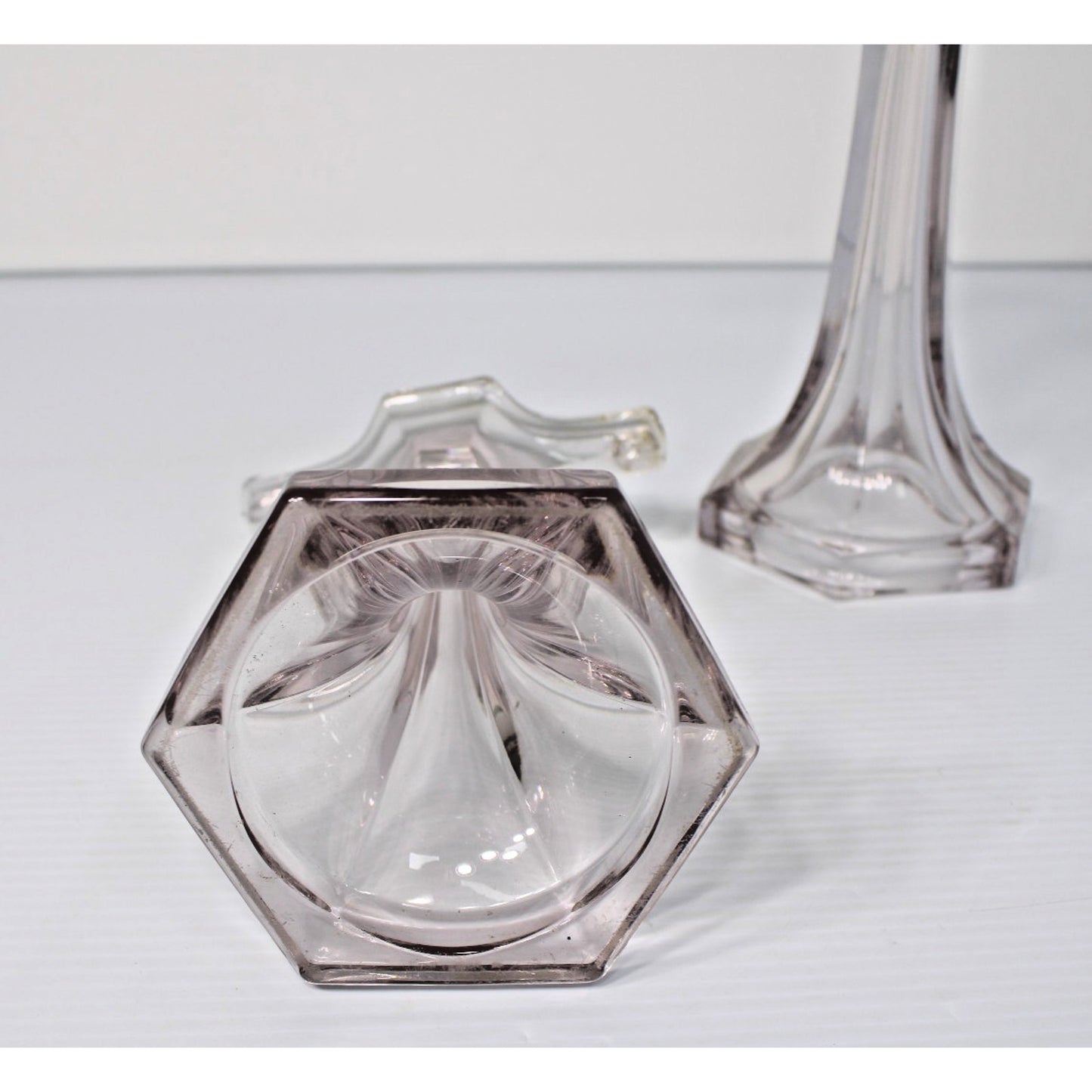 Antique Clear Glass Shelf Risers, Pedestals, Store Display Columns Pair 9"H