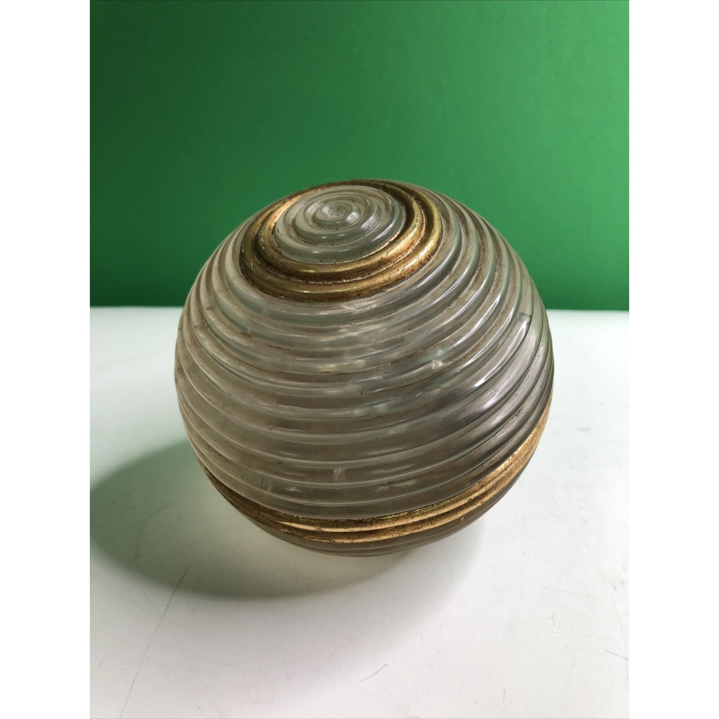 Vintage SOLID GLASS SPHERE Ball Ribbed Gilt MCM Unique Interesting RARE LARGE