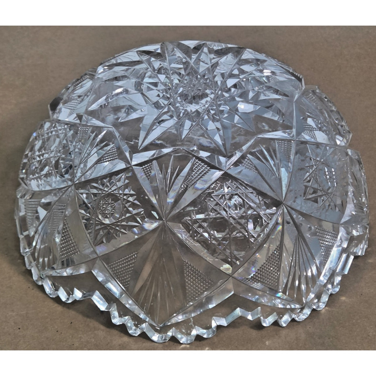 Vintage ABP Style Cut Crystal Bowl - 8" Hobstar & Pinwheel Scalloped Rim