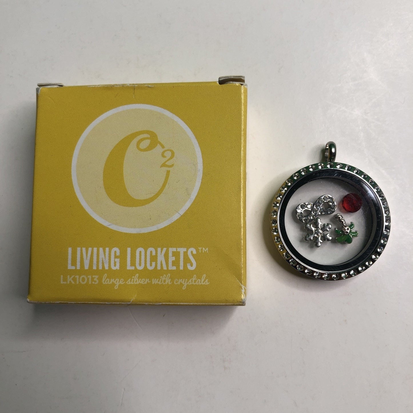 Origami Owl LK1013 Large Silver Hinge Locket w/Swarovski Crystals + 4 Charms