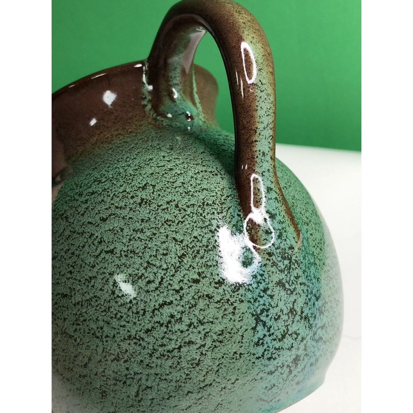 MCM Chester NICODEMUS Ohio Art Pottery PITCHER Ferro Stone Green Brown Speckled