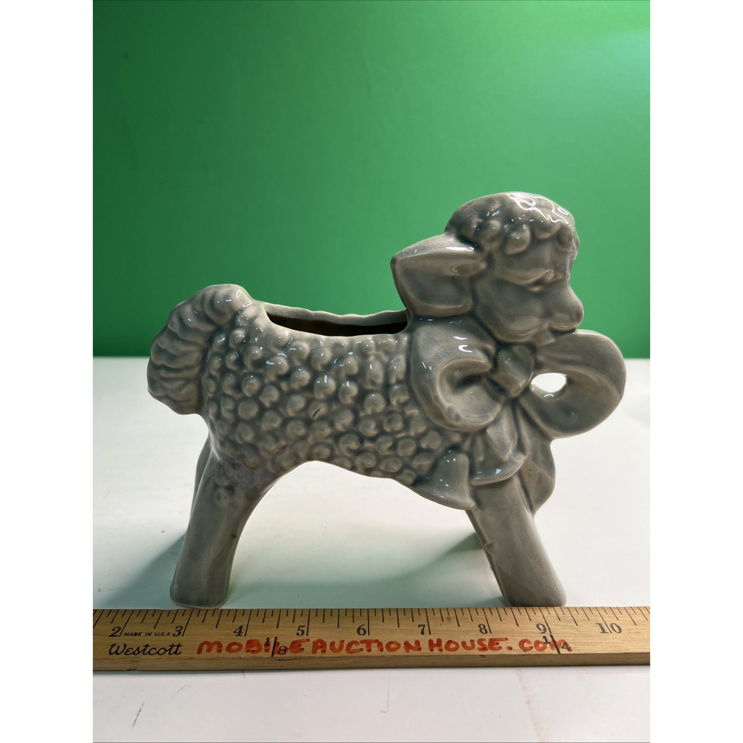 Vintage McCoy Art Pottery Nursery Curly Sheep Lamb With Bow Bells Planter Grey