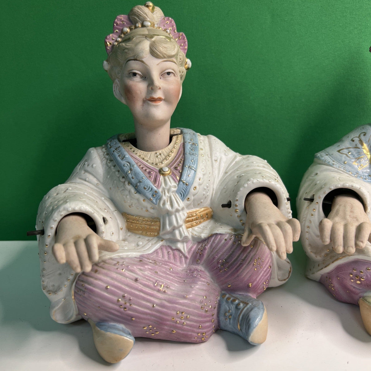 Vintage Pair of European Bisque Chinese Male & Female Nodders Pink Blue Gold