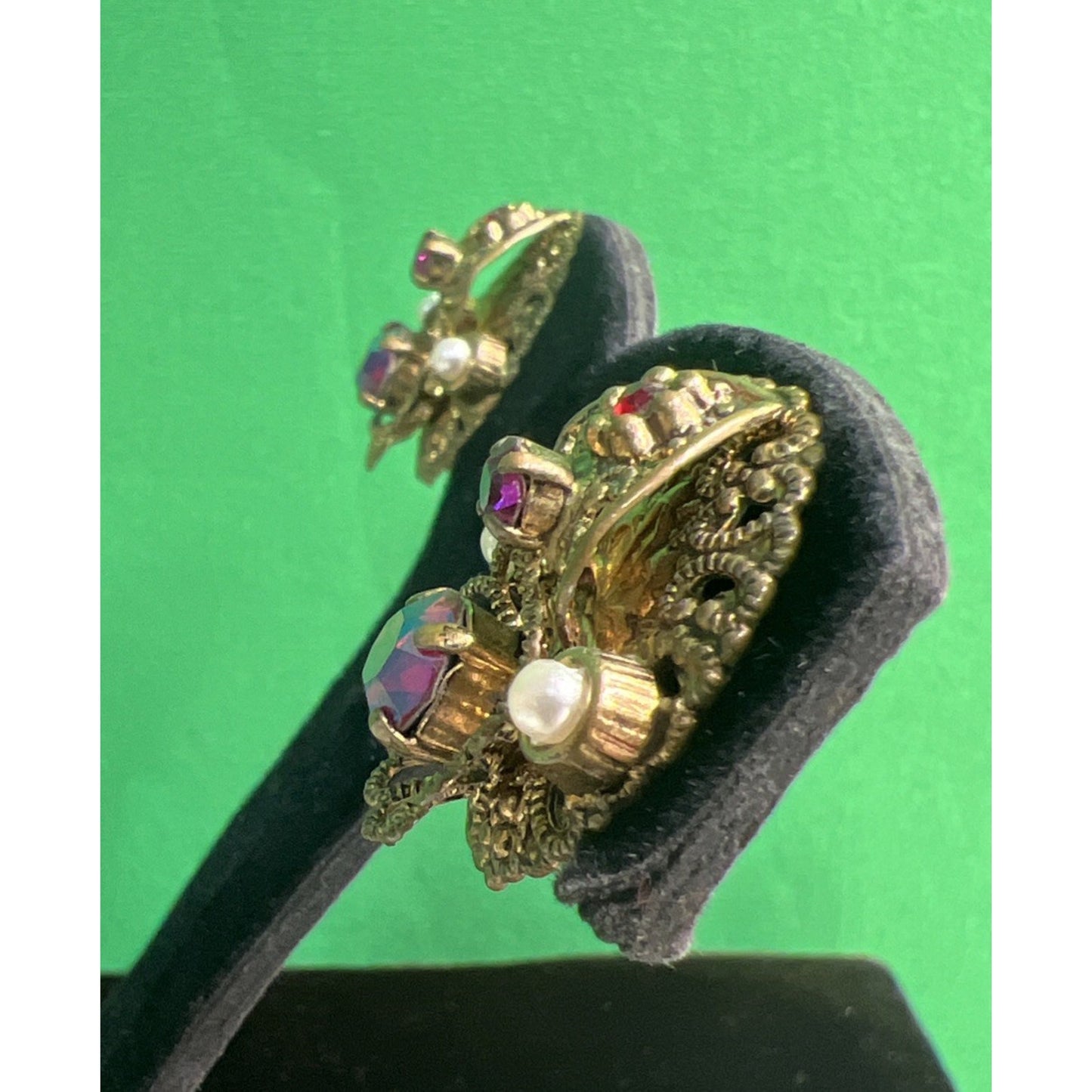 Antique Filigree West Germany Brass ClipOn Earrings w/ Faux Pearls & Rhinestones