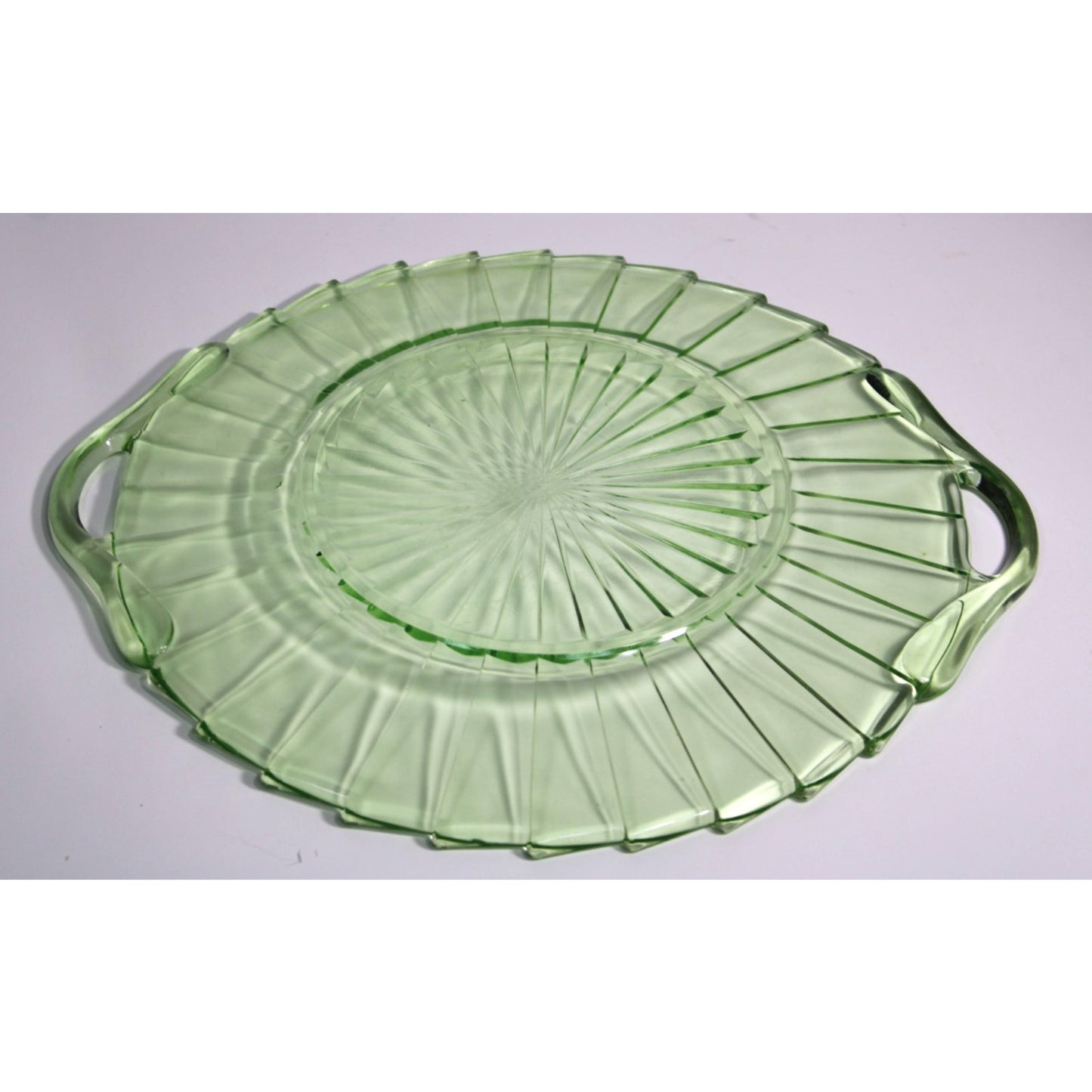 Jeannette Glass Sierra Pinwheel Green Depression Glass Handled Tray 11.75" x 10"